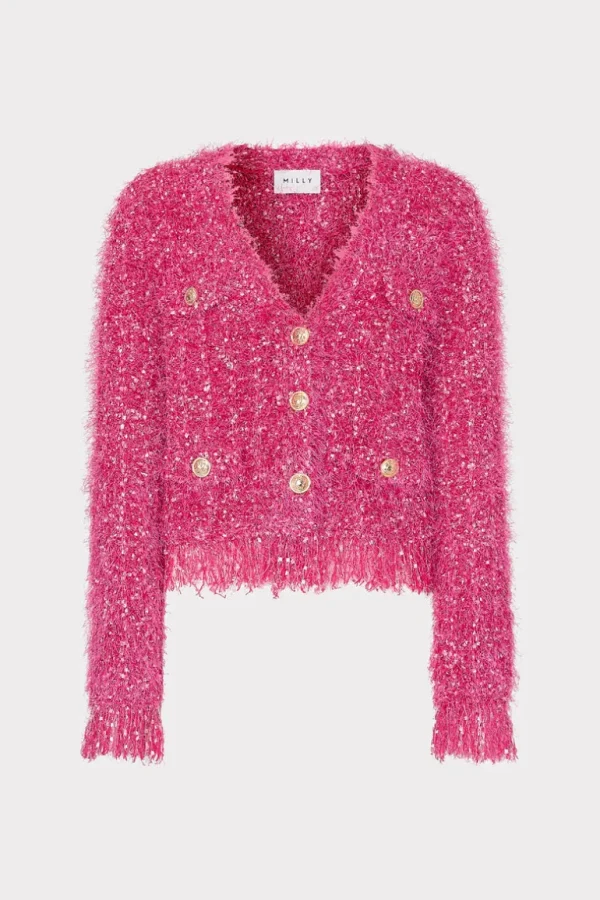 Store MILLY Textured Fringe Cardigan Pink