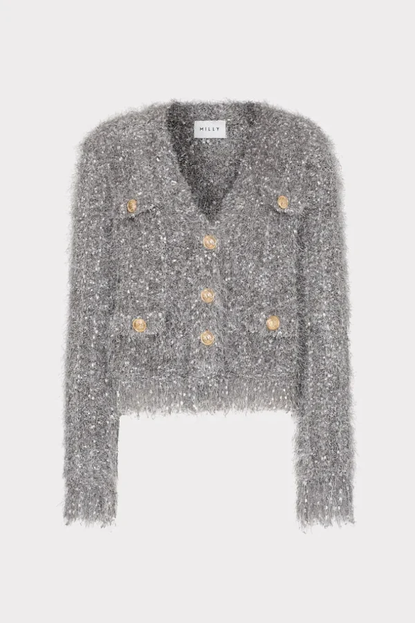 Outlet MILLY Textured Fringe Cardigan Silver