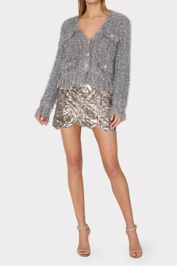 Outlet MILLY Textured Fringe Cardigan Silver