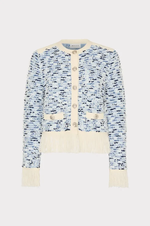 Best MILLY Textured Fringe Trim Cardigan Blue Multi