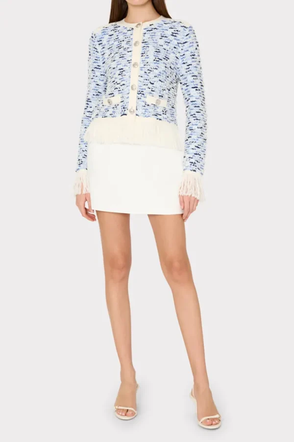 Best MILLY Textured Fringe Trim Cardigan Blue Multi