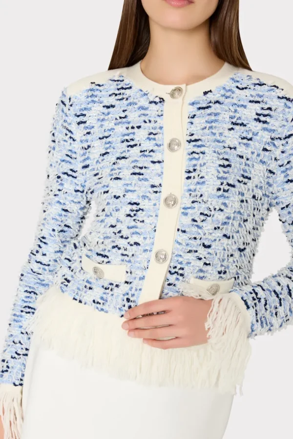 Best MILLY Textured Fringe Trim Cardigan Blue Multi
