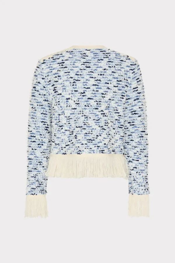 Best MILLY Textured Fringe Trim Cardigan Blue Multi