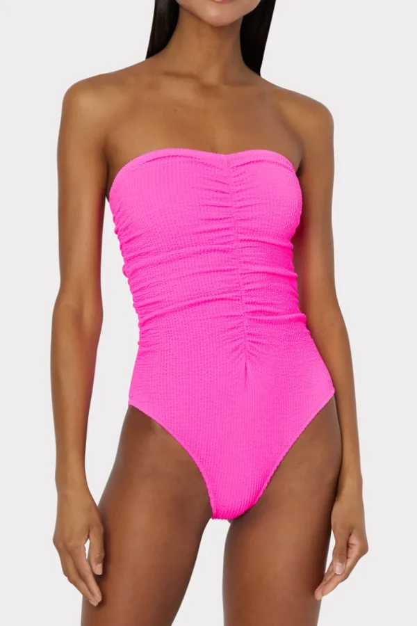 Fashion MILLY Textured Ruched One Piece Neon Pink