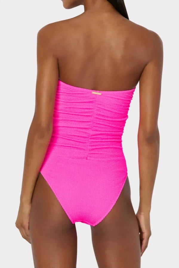 Fashion MILLY Textured Ruched One Piece Neon Pink