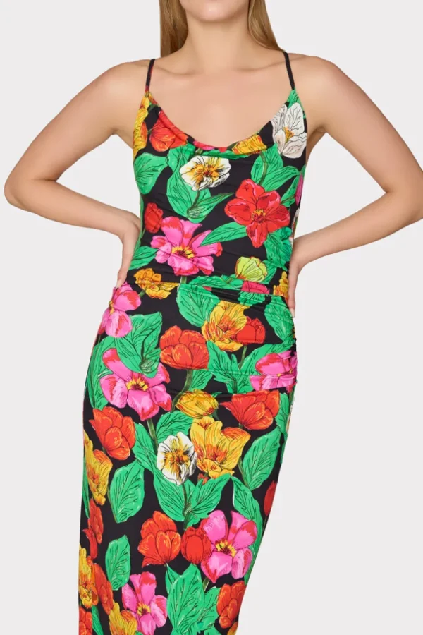 Best MILLY Tulip Rosette Ruched Cowl Neck Midi Dress Black Multi