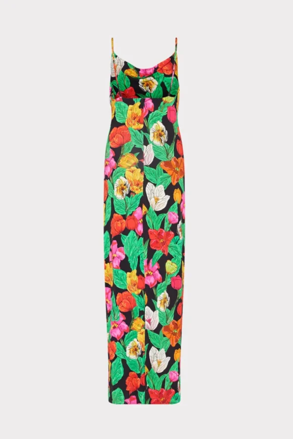 Best MILLY Tulip Rosette Ruched Cowl Neck Midi Dress Black Multi