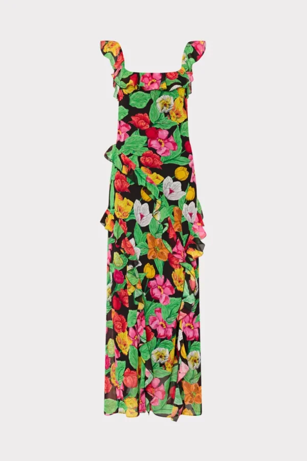 Shop MILLY Tulip Rosette Ruffle Maxi Dress Black Multi