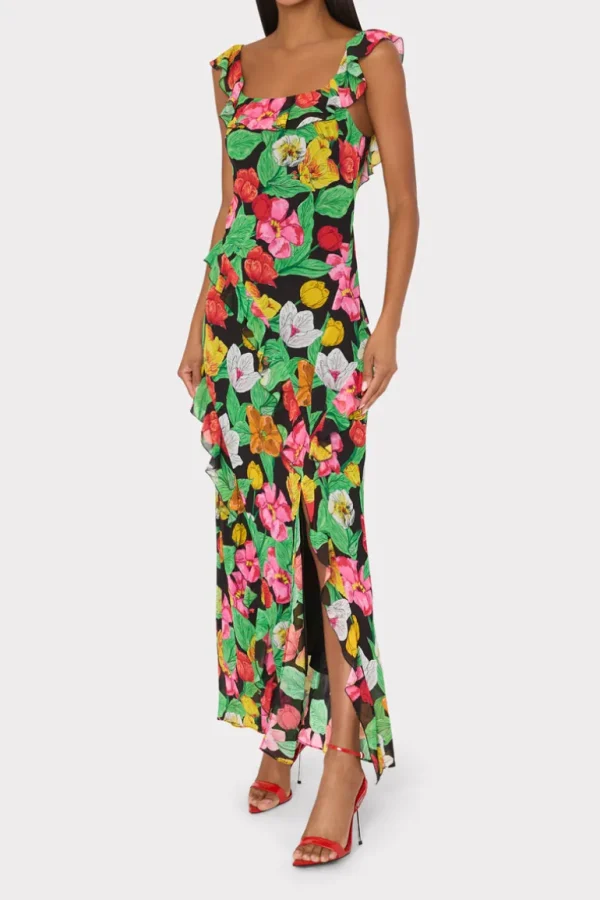 Shop MILLY Tulip Rosette Ruffle Maxi Dress Black Multi