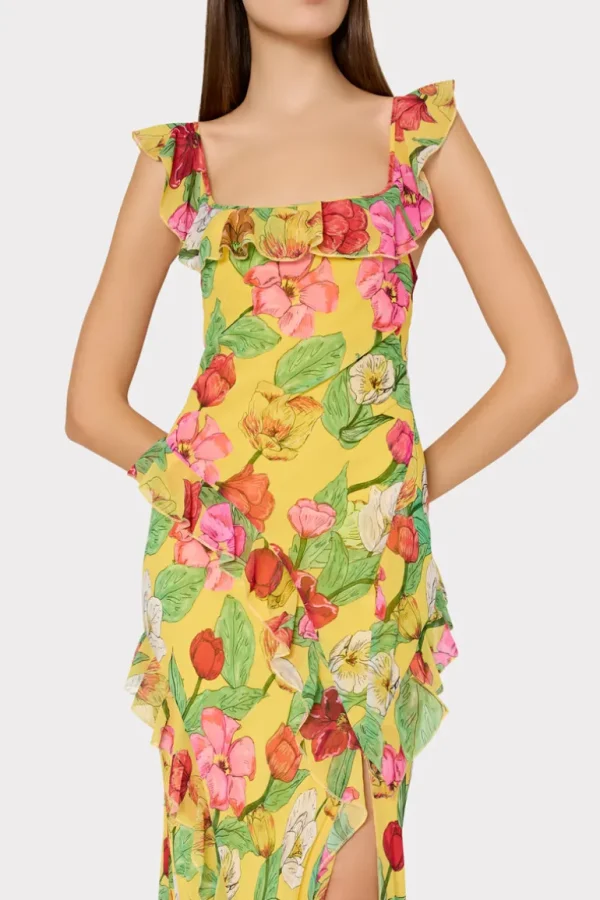Hot MILLY Tulip Rosette Ruffle Maxi Dress Yellow Multi