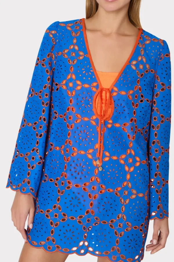Store MILLY Viara Two Tone Geo Eyelet Cover-Up Dress Cobalt/Coral