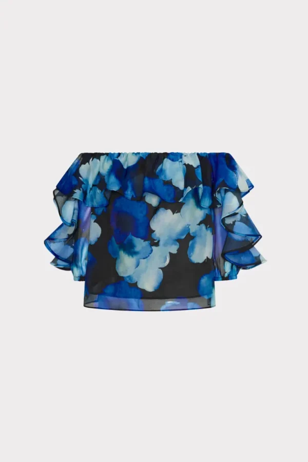 Cheap MILLY Watercolor Petals Organza Ruffle Top Blue Multi