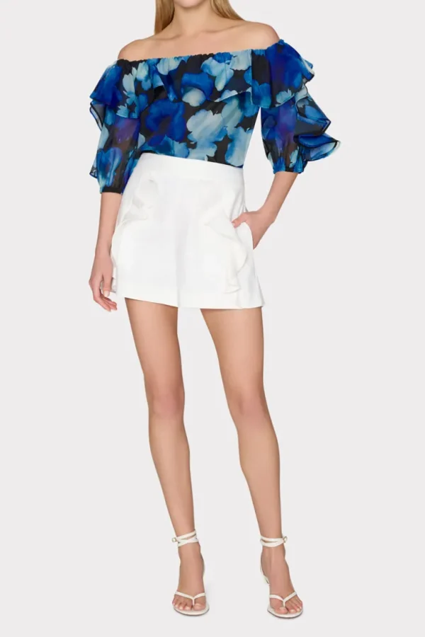 Cheap MILLY Watercolor Petals Organza Ruffle Top Blue Multi