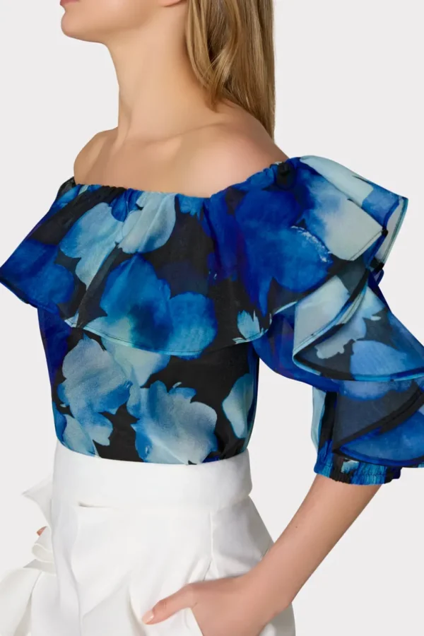 Cheap MILLY Watercolor Petals Organza Ruffle Top Blue Multi